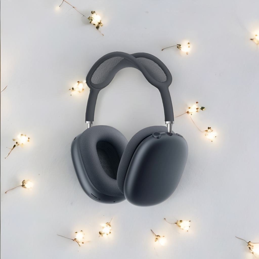 Midnight Apple AirPods Max refurbished with matte black case on stand – sleek minimalist headphones