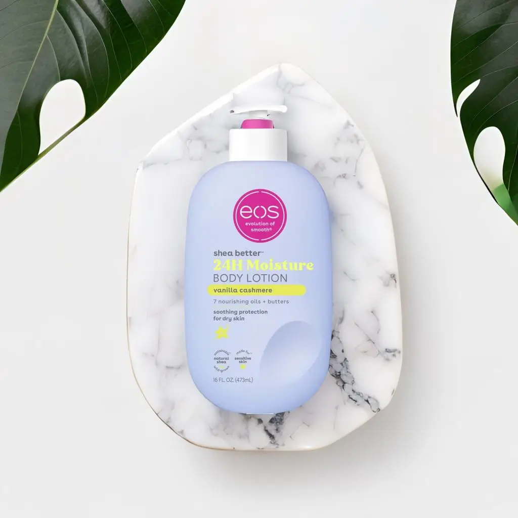 EOS Vanilla Cashmere Body Wash in a sleek bottle, moisturizing formula with warm vanilla and soft cashmere scent for daily skincare.
