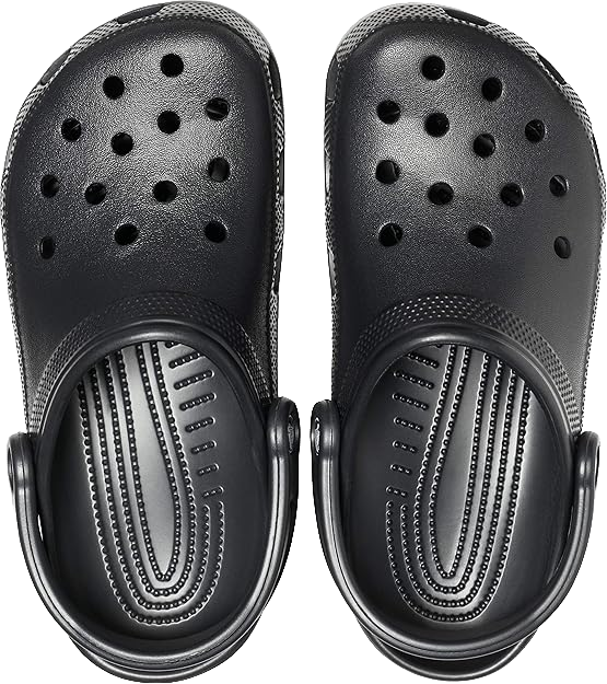 Black and white Crocs slippers with pivoting heel strap for secure fit