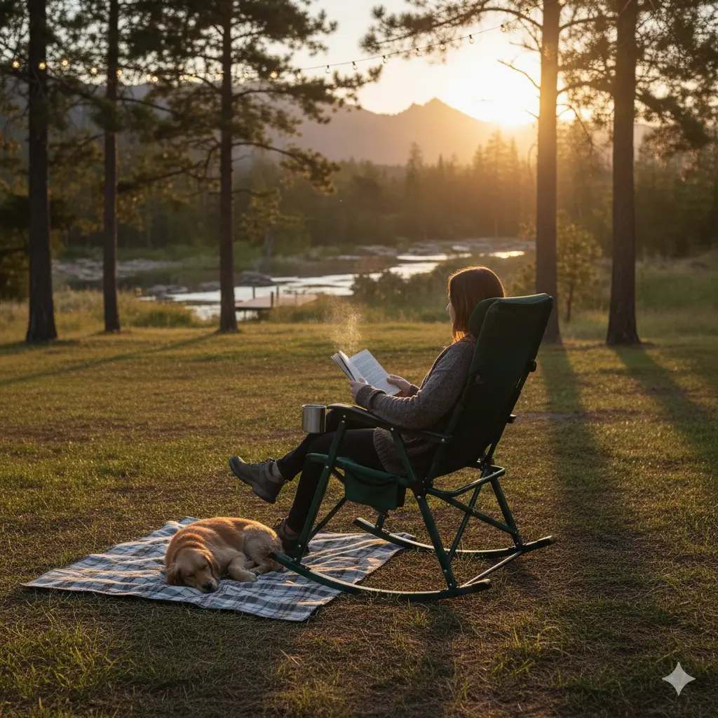 GCI outdoor chair in a dark green color, set up next to a campfire and glowing tent in a forest at night. A person is sitting and gently rocking while holding a mug. The scene highlights the chair's use as a comfortable, portable rocking camp chair.